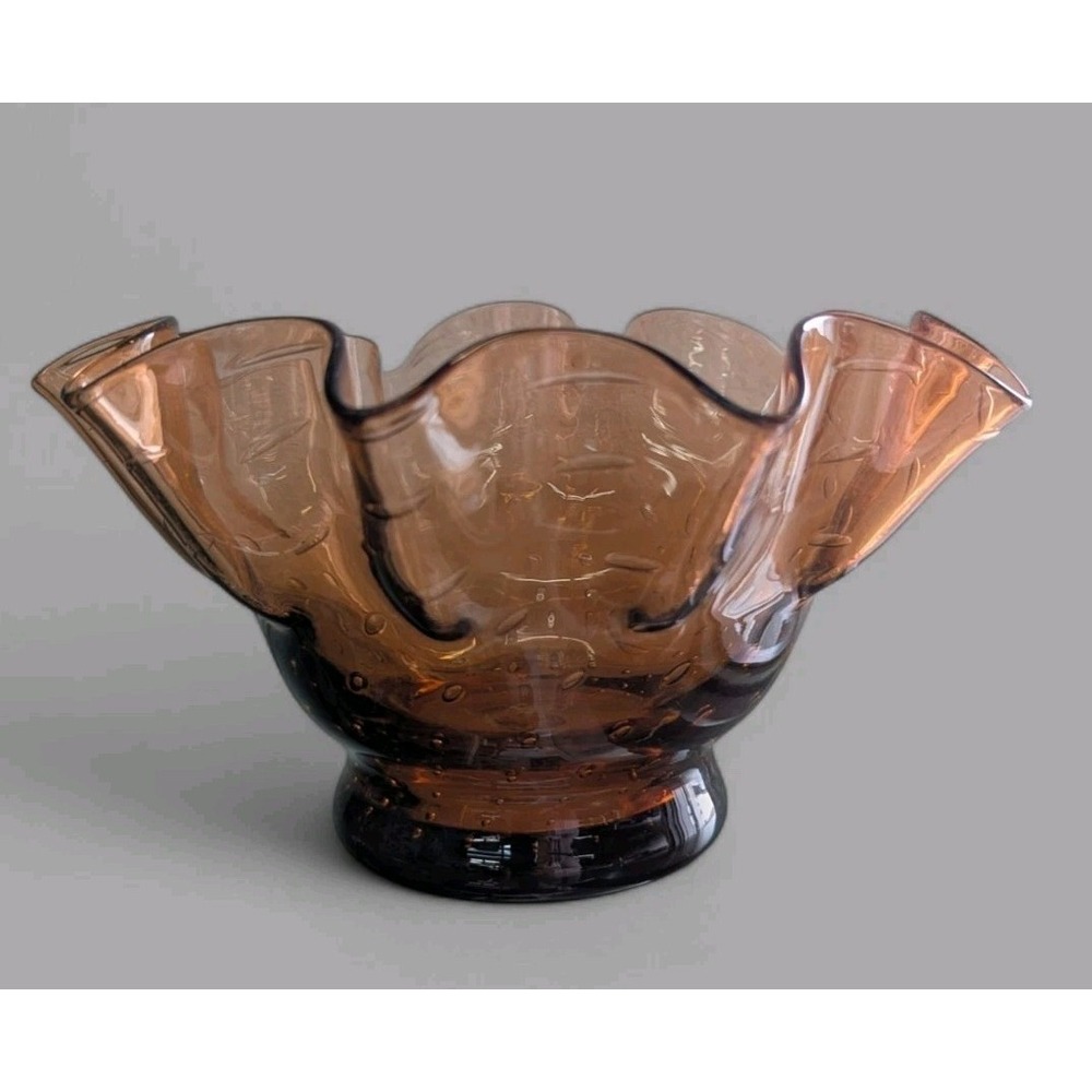 Vintage MCM Hand Blown Amber Bullicante Bubble Glass Ruffled Bowl Bubble Pattern